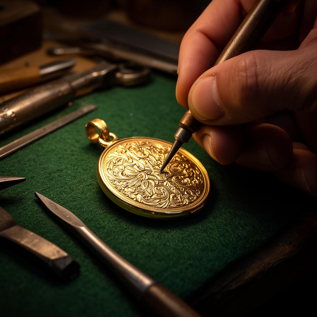 Master jeweler engraving a gold pendant